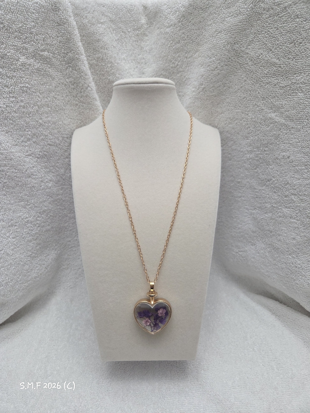 Heart Glass Pendant Necklace in Rose Gold with Purple/Pink Flowers